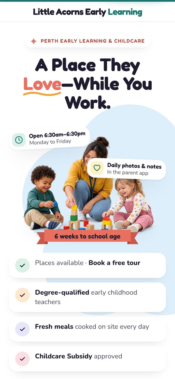 The childcare funnel on a phone: headline, photo and reasons above the fold.