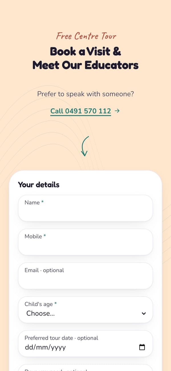A short tour booking form on a phone: name, mobile, email, child's age, preferred date.