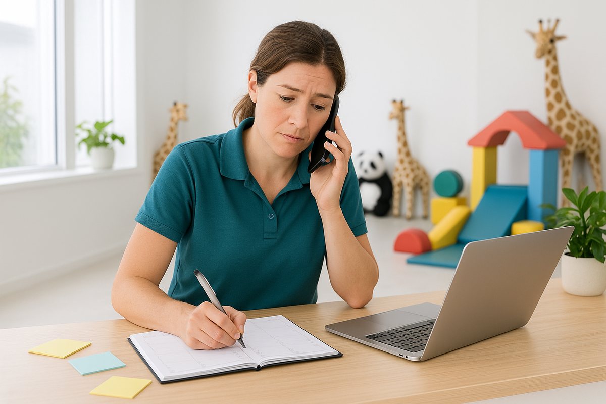 A business owner surrounded by a paper diary and a ringing phone