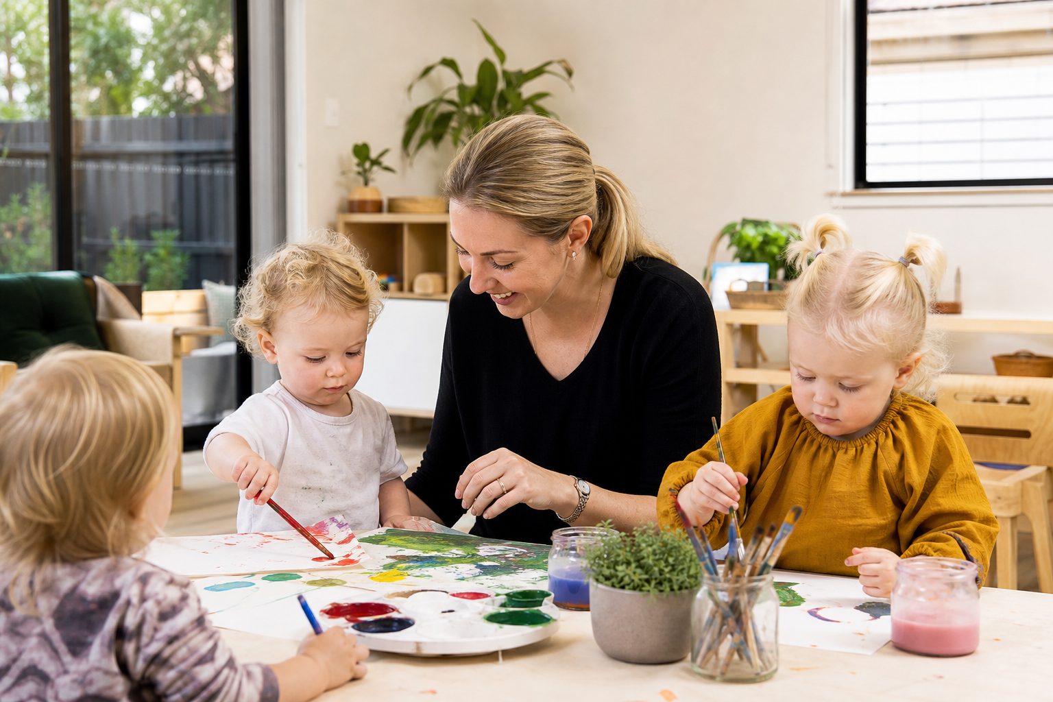 Toddlers painting at a table with an educator