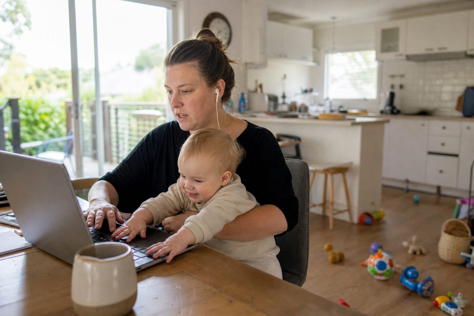 A parent on a work call holding a crying toddler