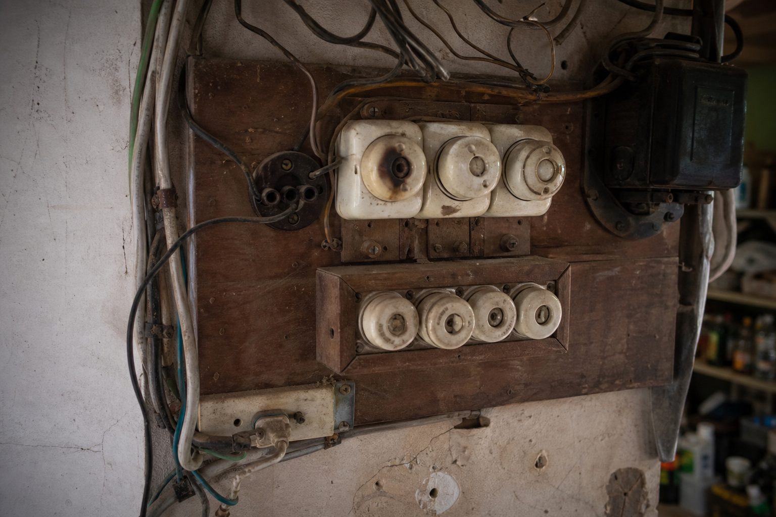 An old fuse-style switchboard with scorch marks