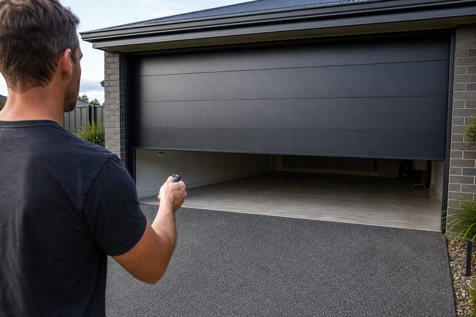 A new garage door opening smoothly with a remote