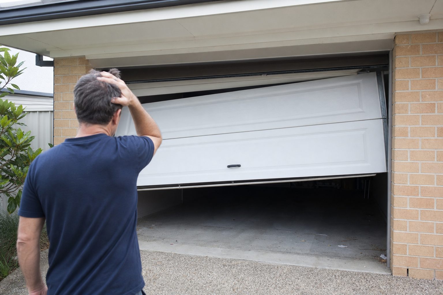 A garage door stuck crooked and half open