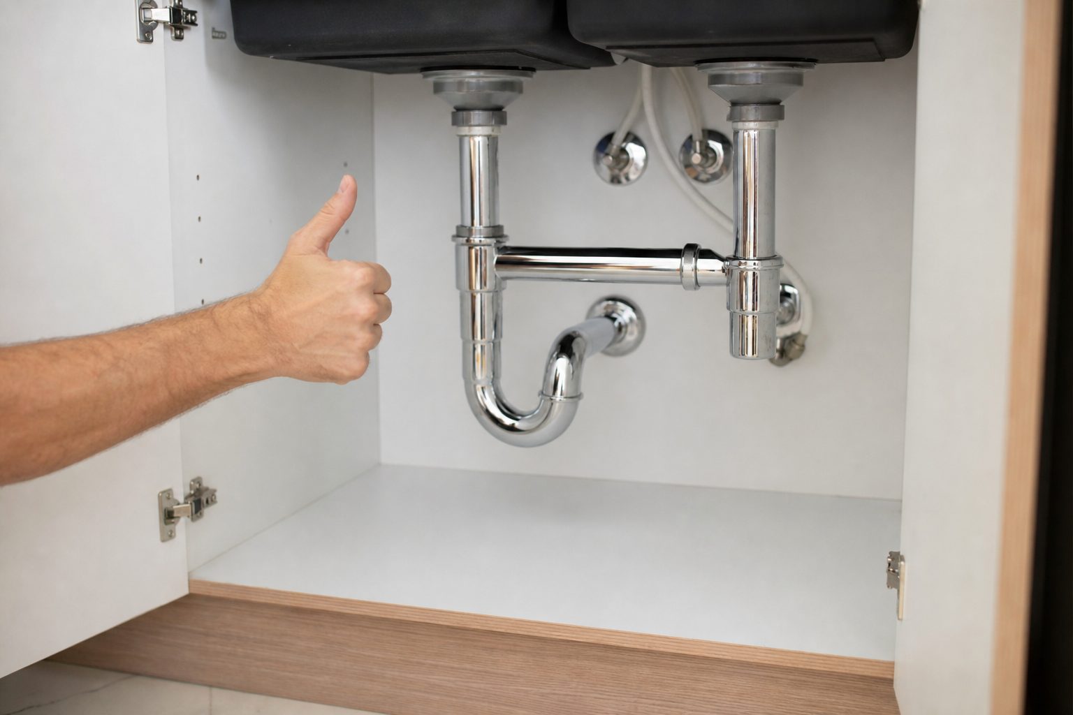 New chrome pipes under a dry, clean sink