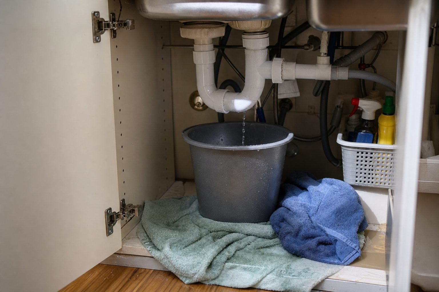 A leaking sink pipe dripping into a bucket