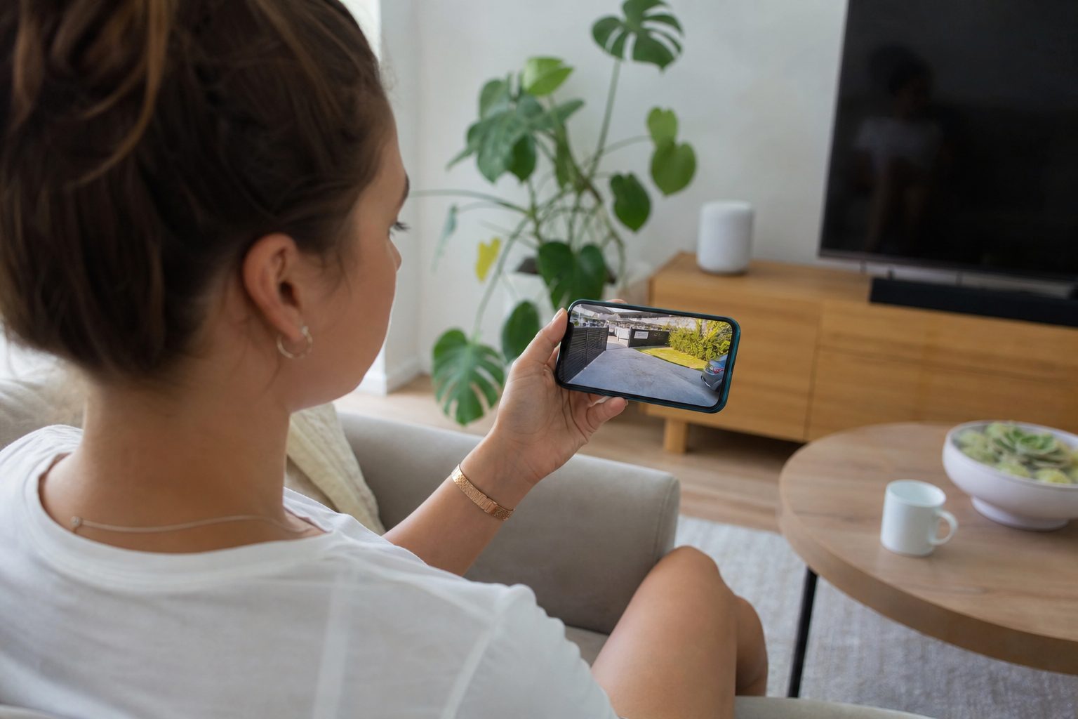 A homeowner watching live camera footage on a phone