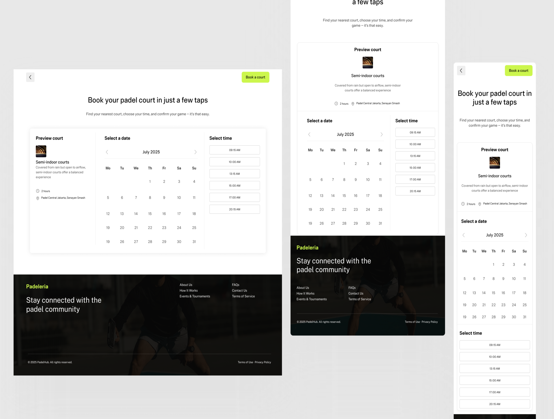 BOSS Member Portal example - Venue availability calendar and time slot selection