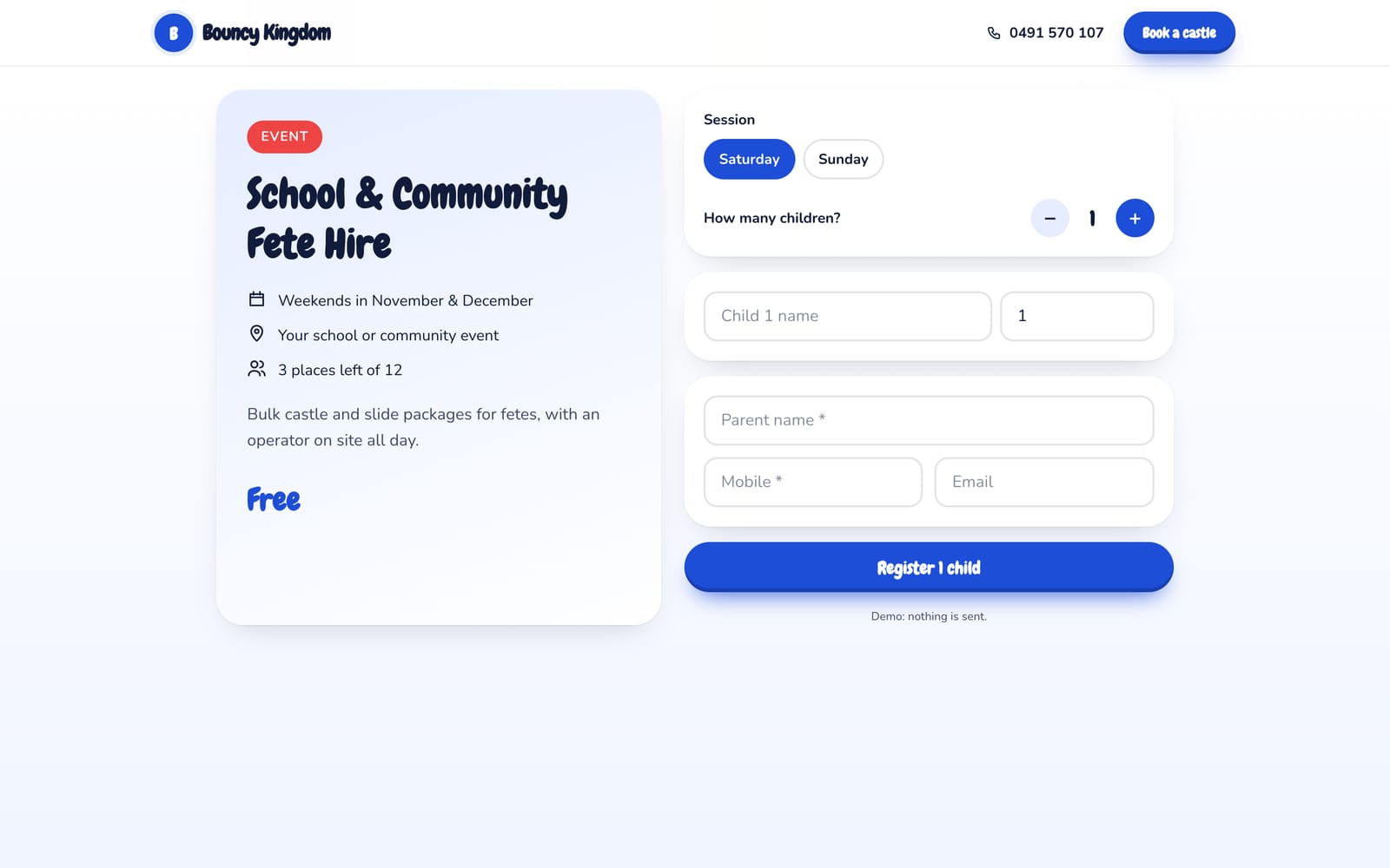 School & Community Fete Hire booking page on a computer
