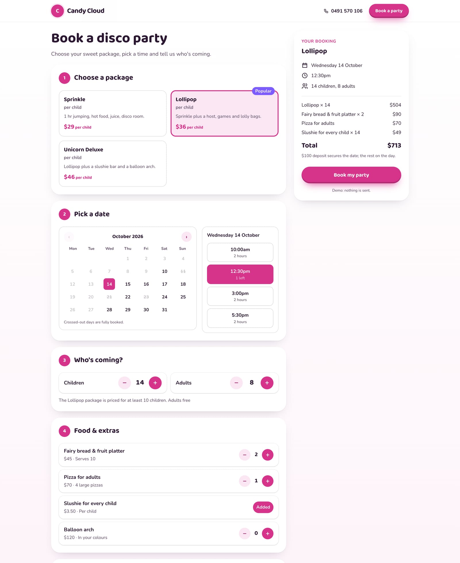 Candy Cloud Play's booking form on a computer