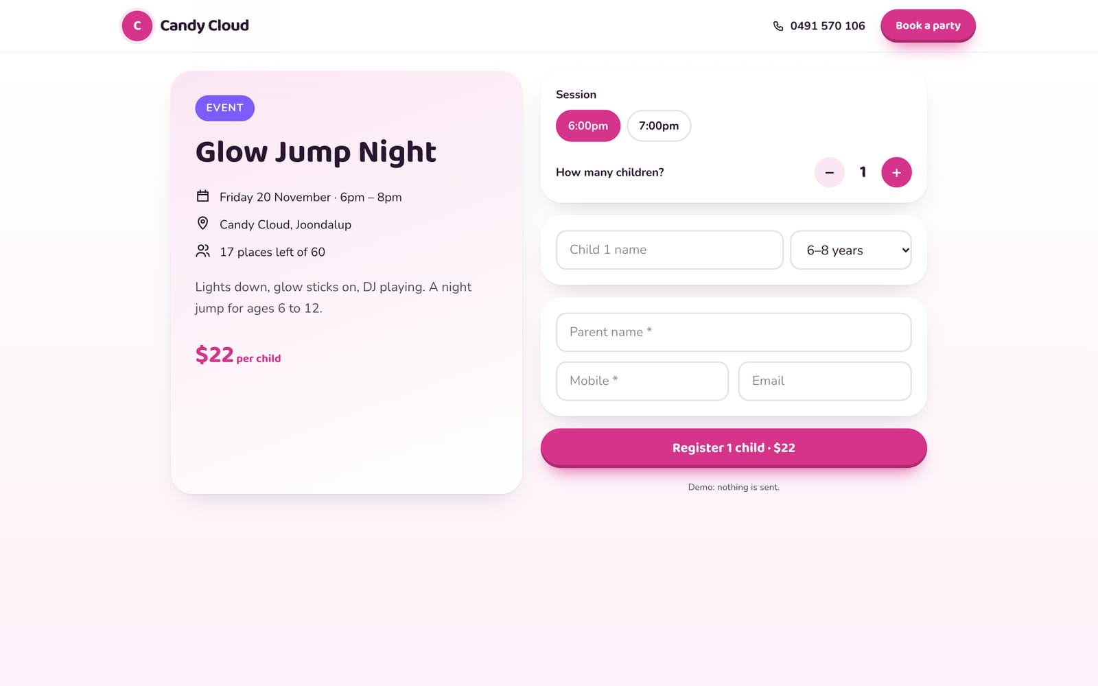 Glow Jump Night booking page on a computer