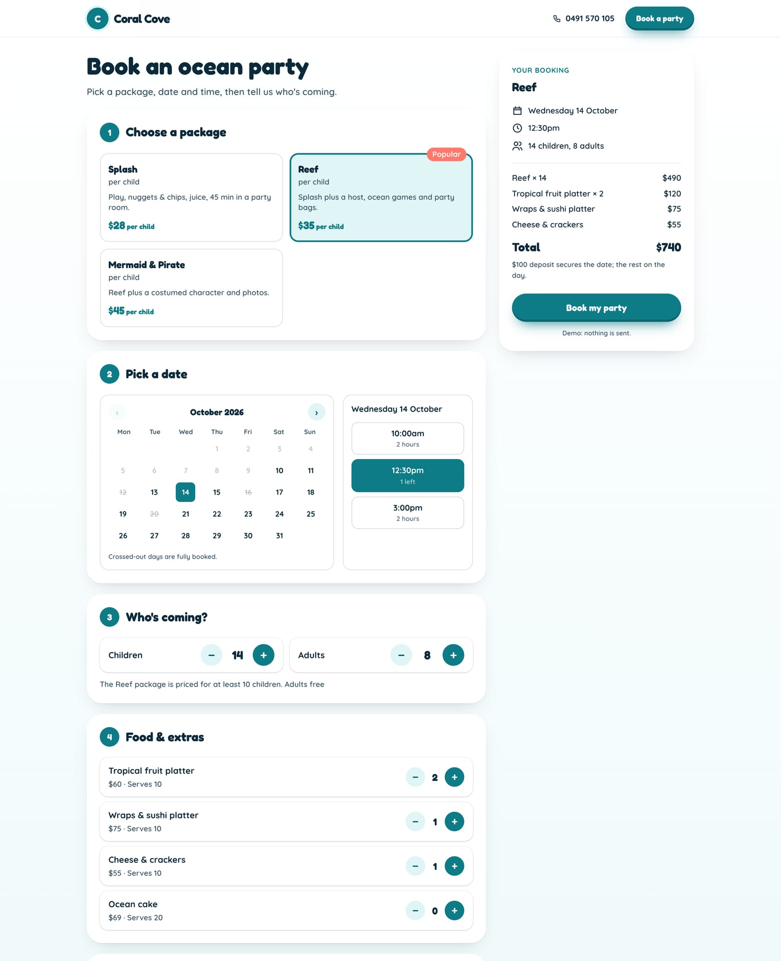 Coral Cove Indoor Play's booking form on a computer