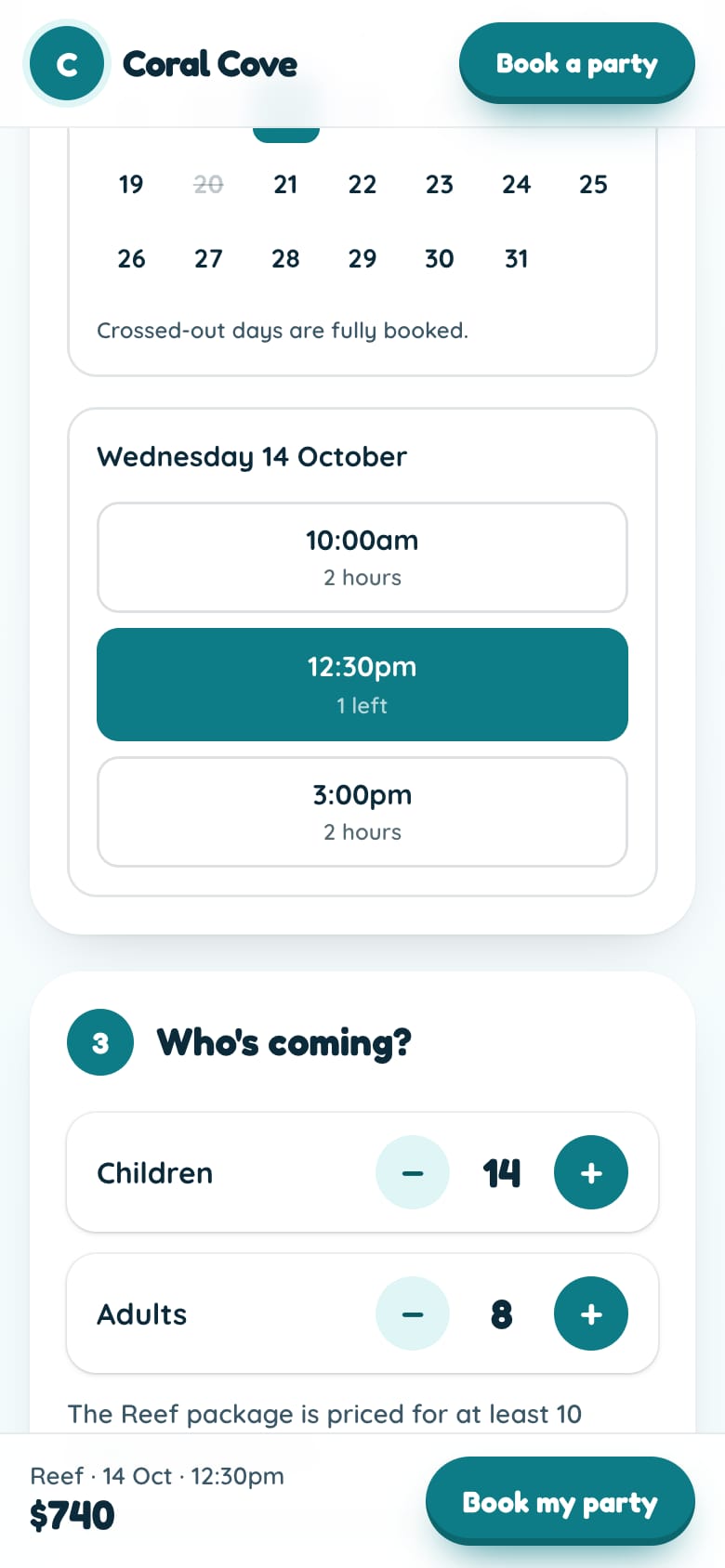Coral Cove Indoor Play's booking form on a phone