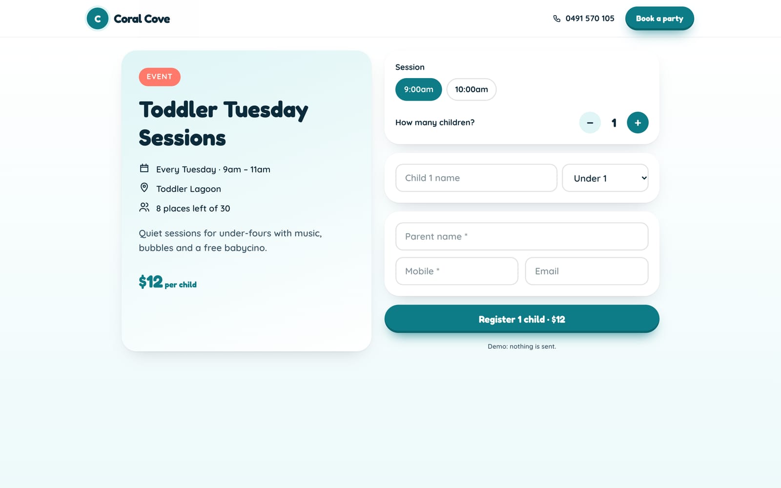 Toddler Tuesday Sessions booking page on a computer