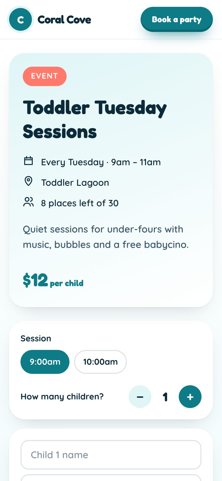 Toddler Tuesday Sessions booking page on a phone
