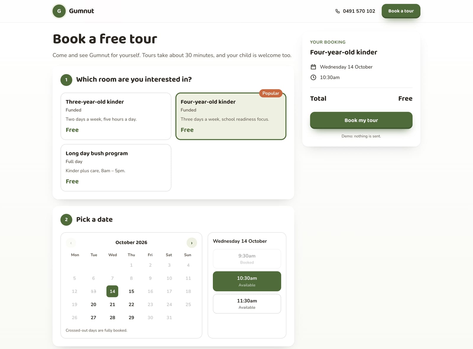 Gumnut Bush Kinder's booking form on a computer