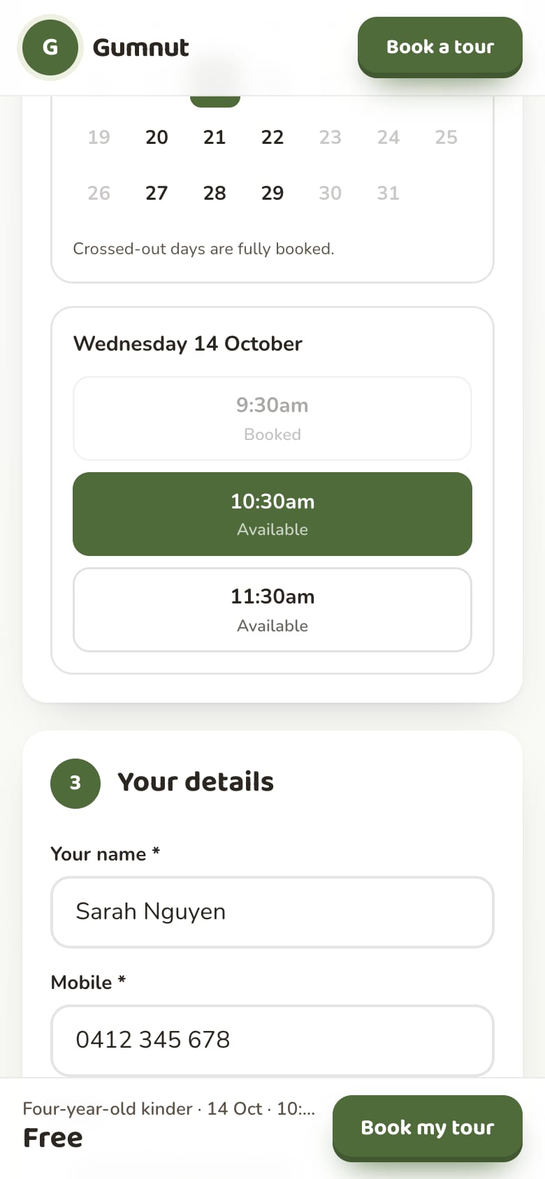 Gumnut Bush Kinder's booking form on a phone