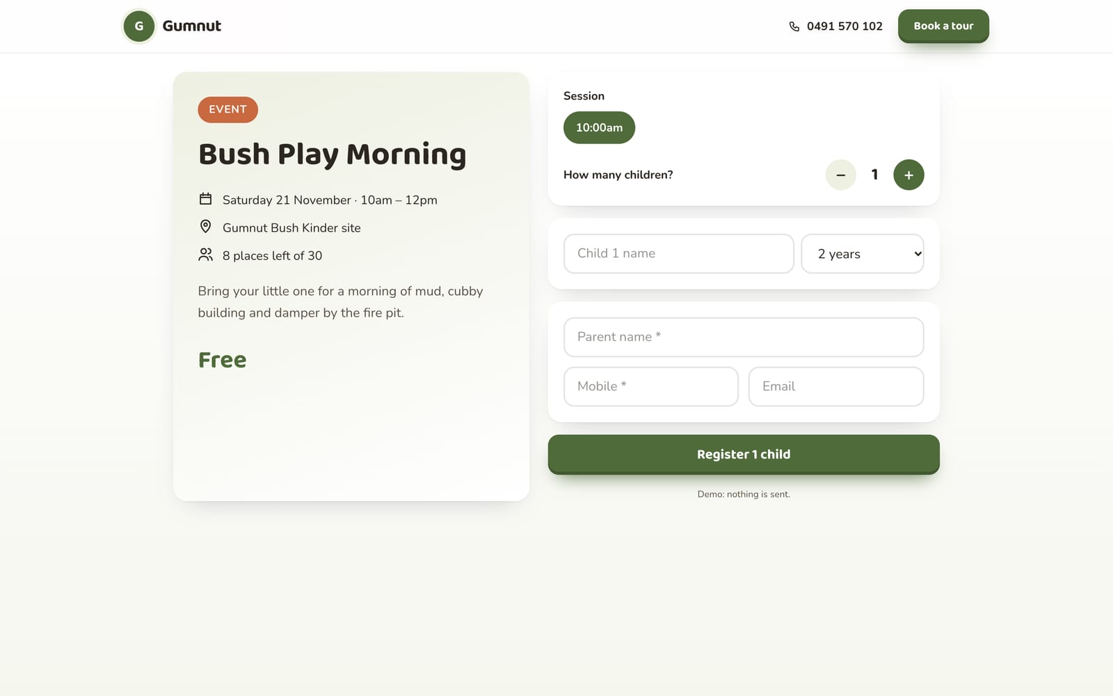 Bush Play Morning booking page on a computer