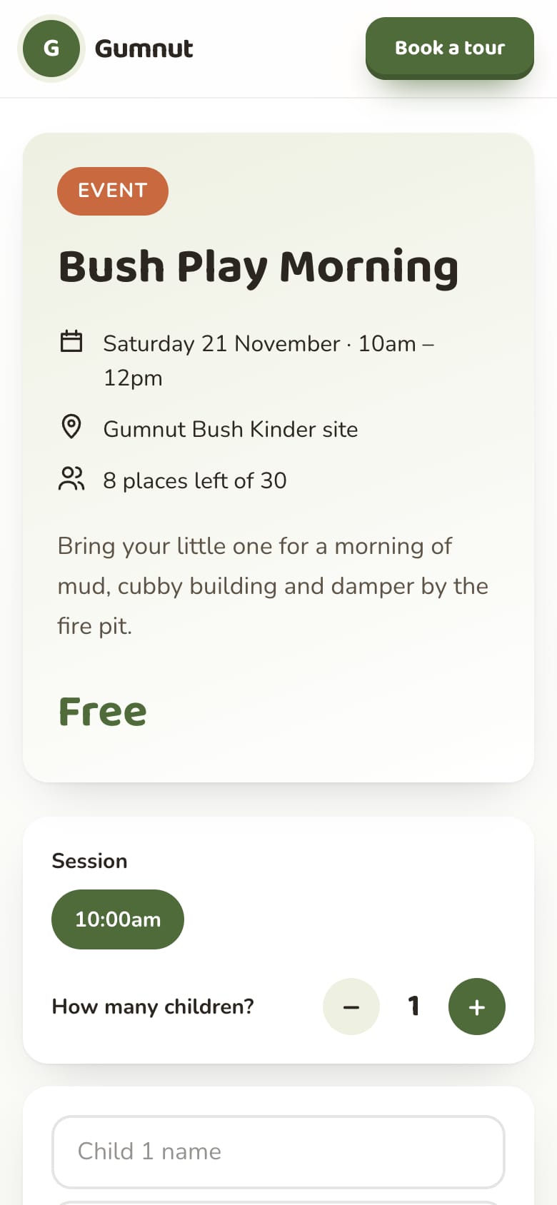 Bush Play Morning booking page on a phone