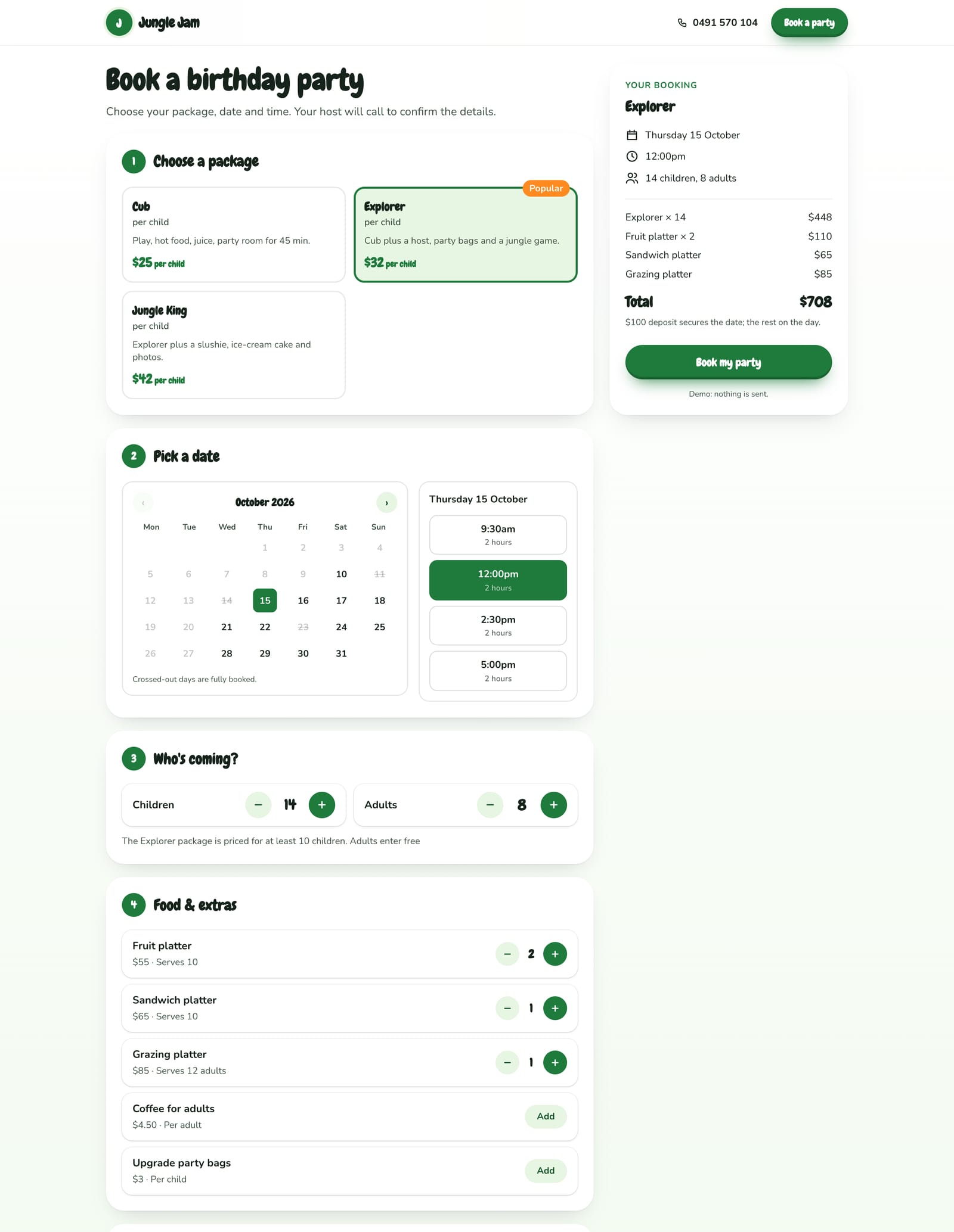 Jungle Jam Play Centre's booking form on a computer