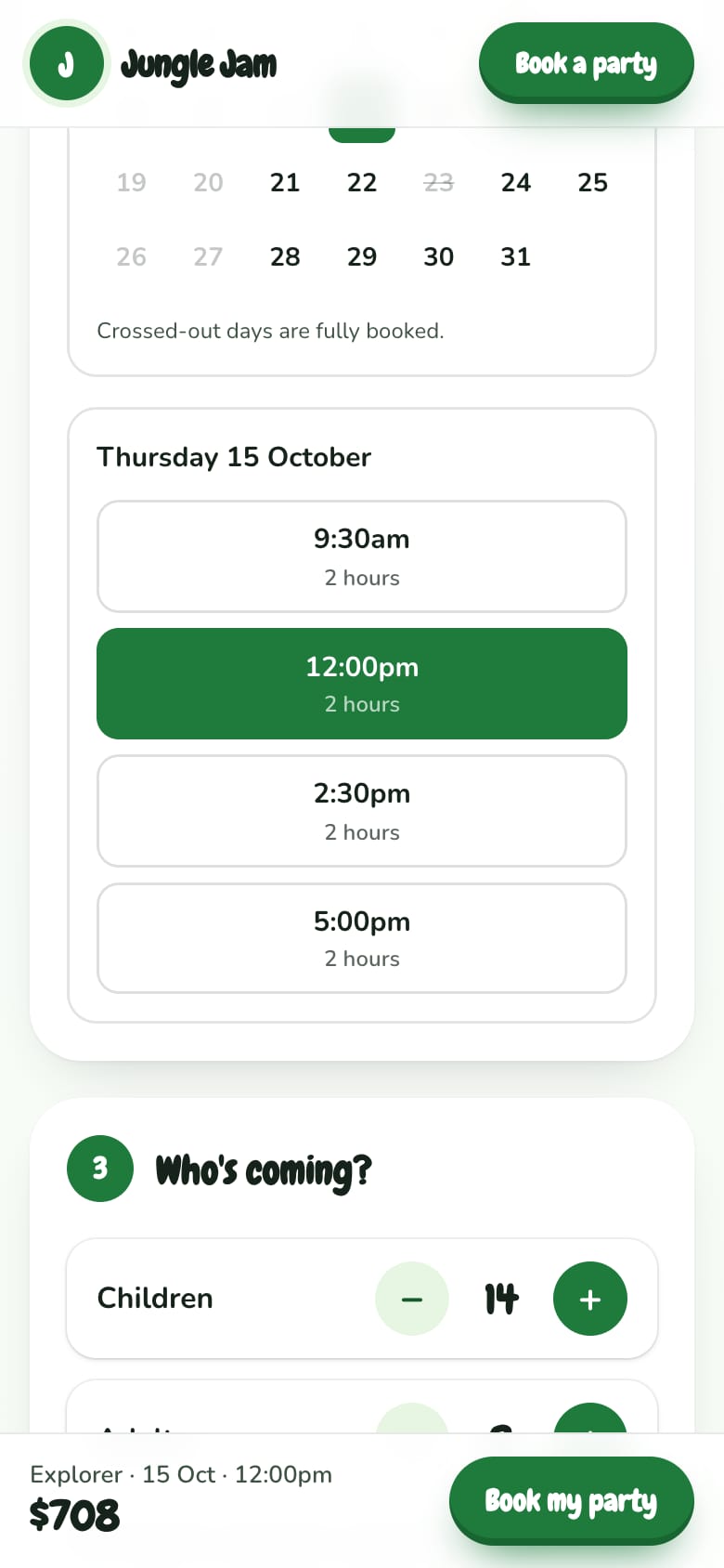 Jungle Jam Play Centre's booking form on a phone