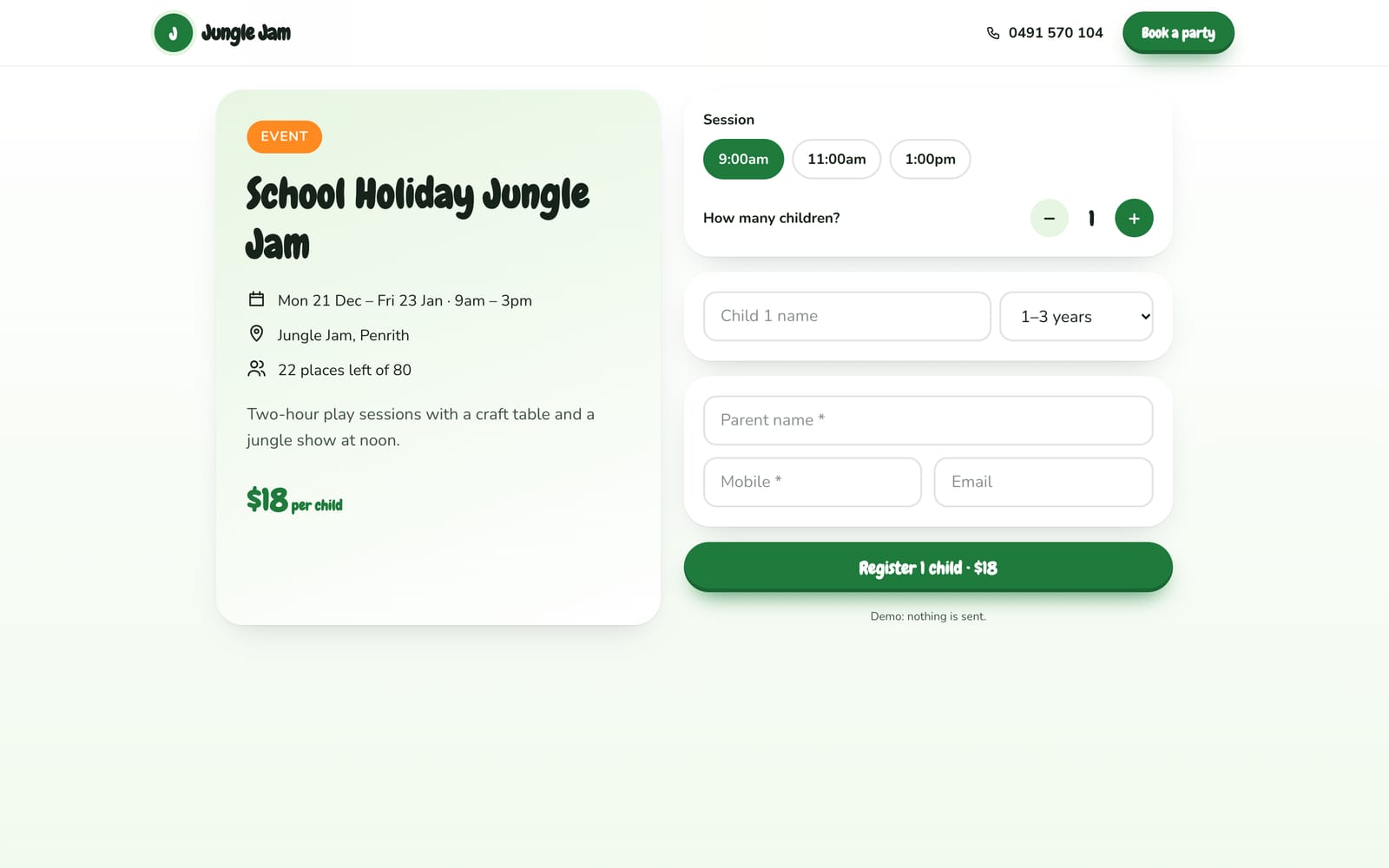 School Holiday Jungle Jam booking page on a computer