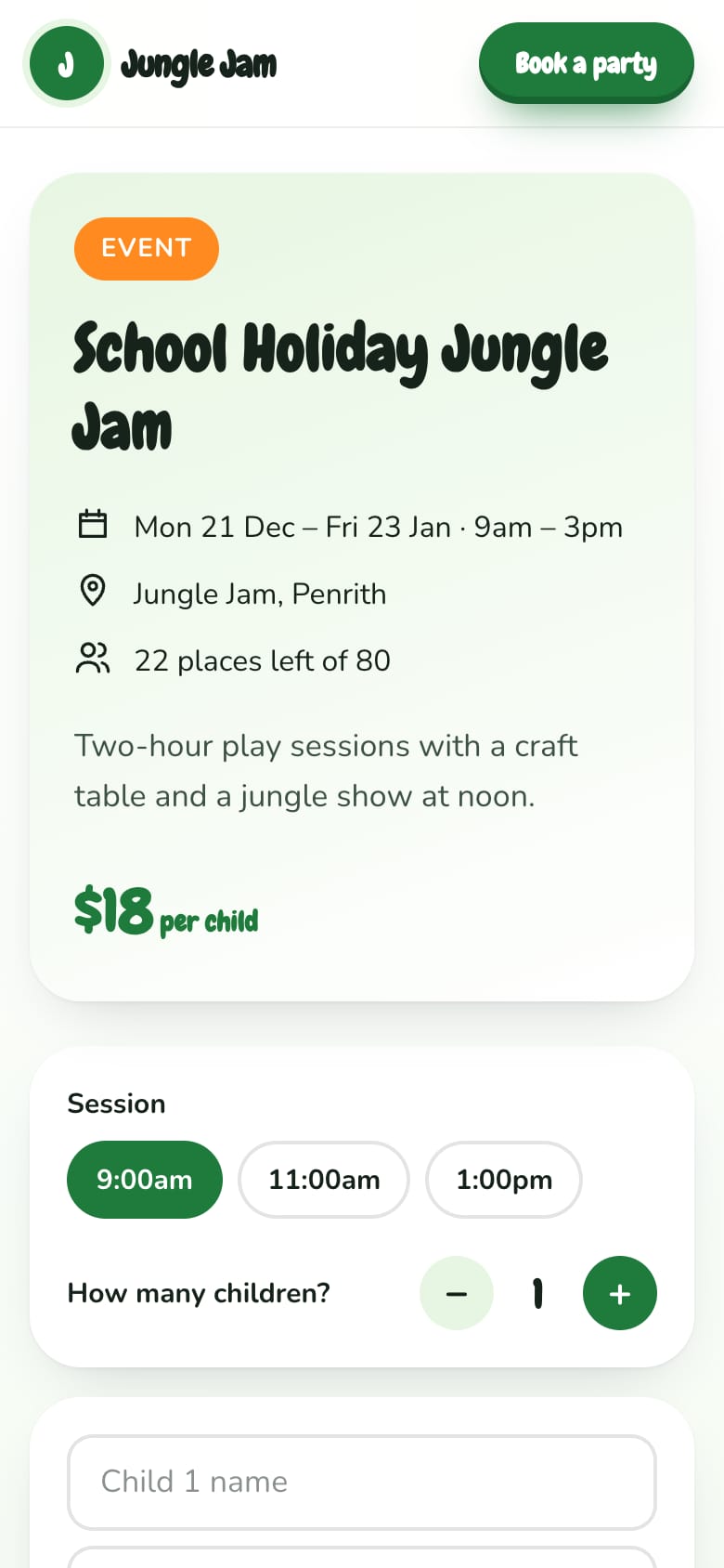 School Holiday Jungle Jam booking page on a phone