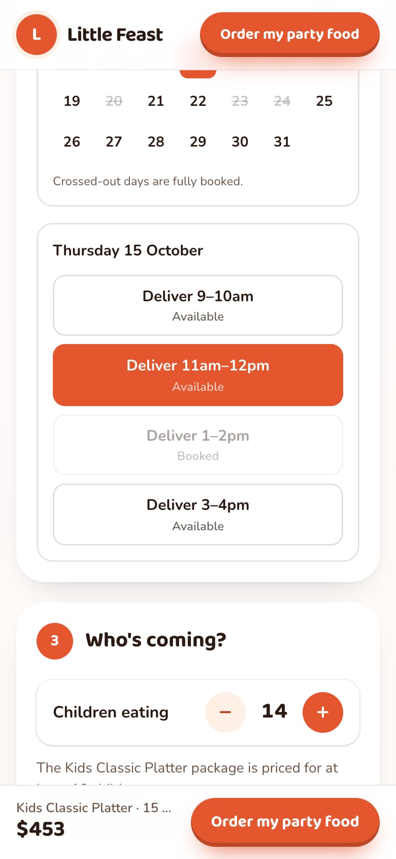 Little Feast Party Platters's booking form on a phone