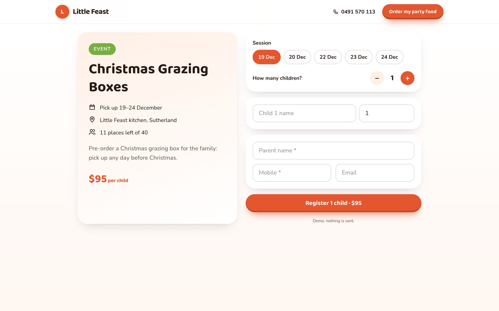 Christmas Grazing Boxes booking page on a computer