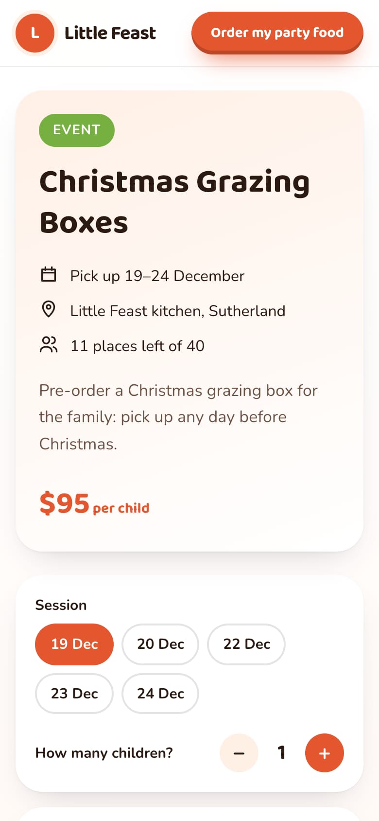 Christmas Grazing Boxes booking page on a phone