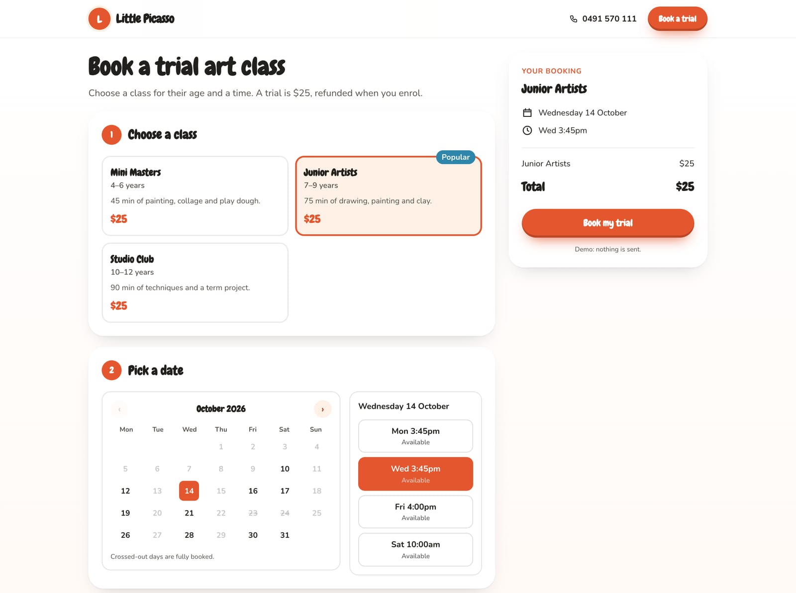 Little Picasso Art Studio's booking form on a computer