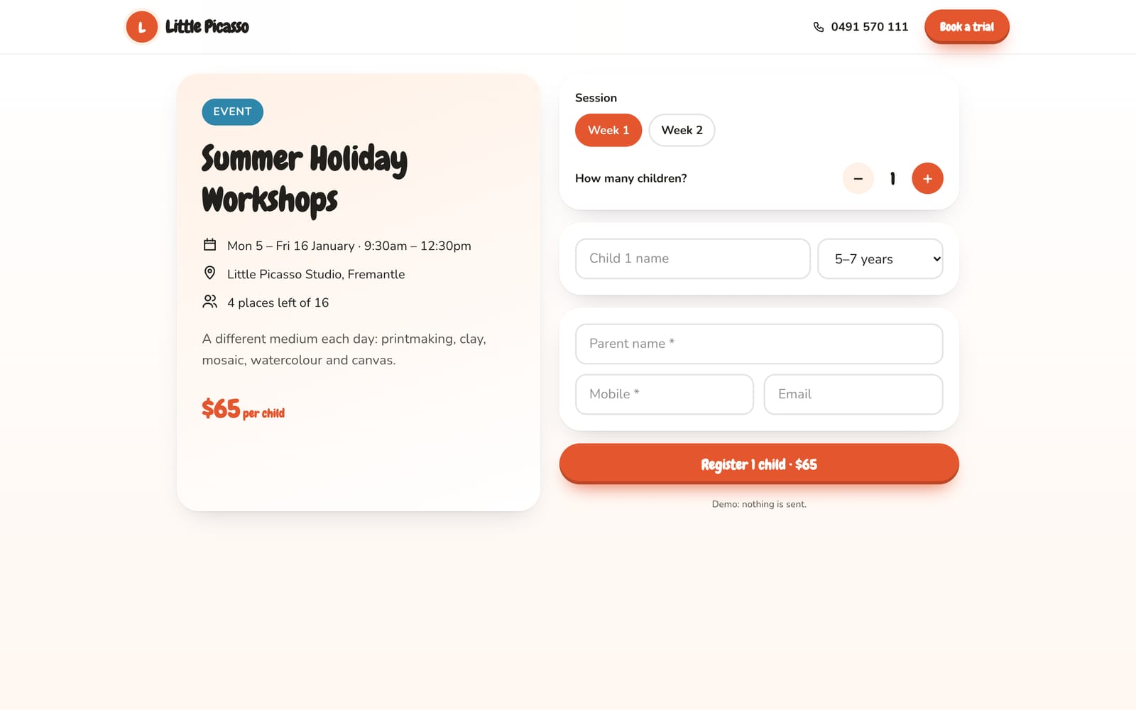 Summer Holiday Workshops booking page on a computer
