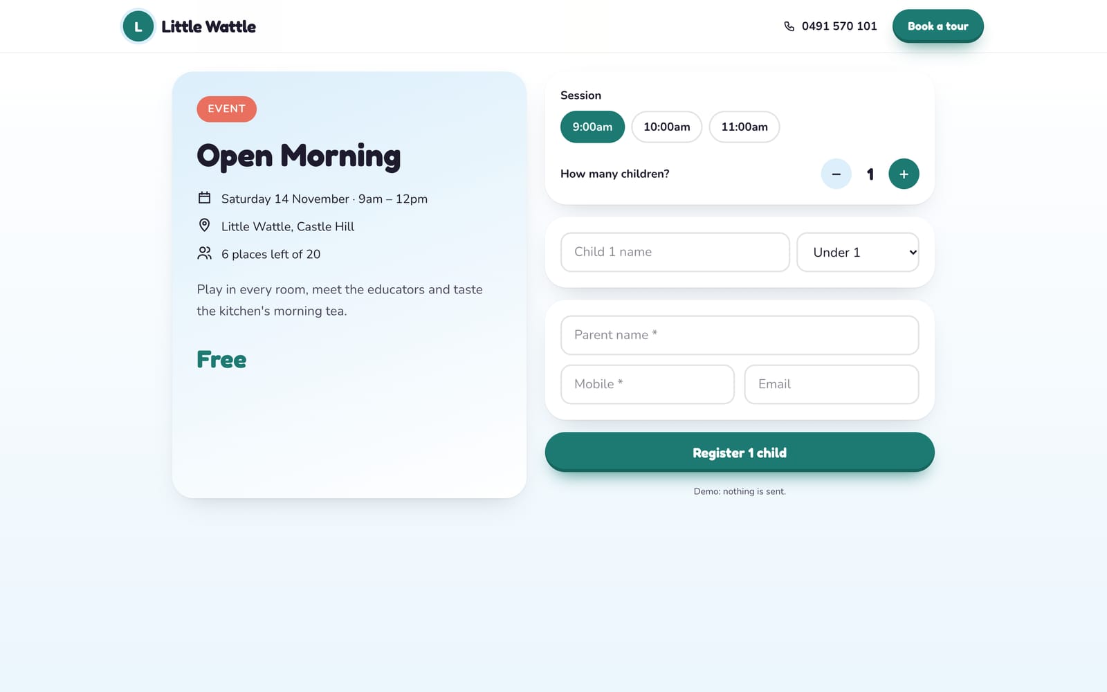 Open Morning booking page on a computer