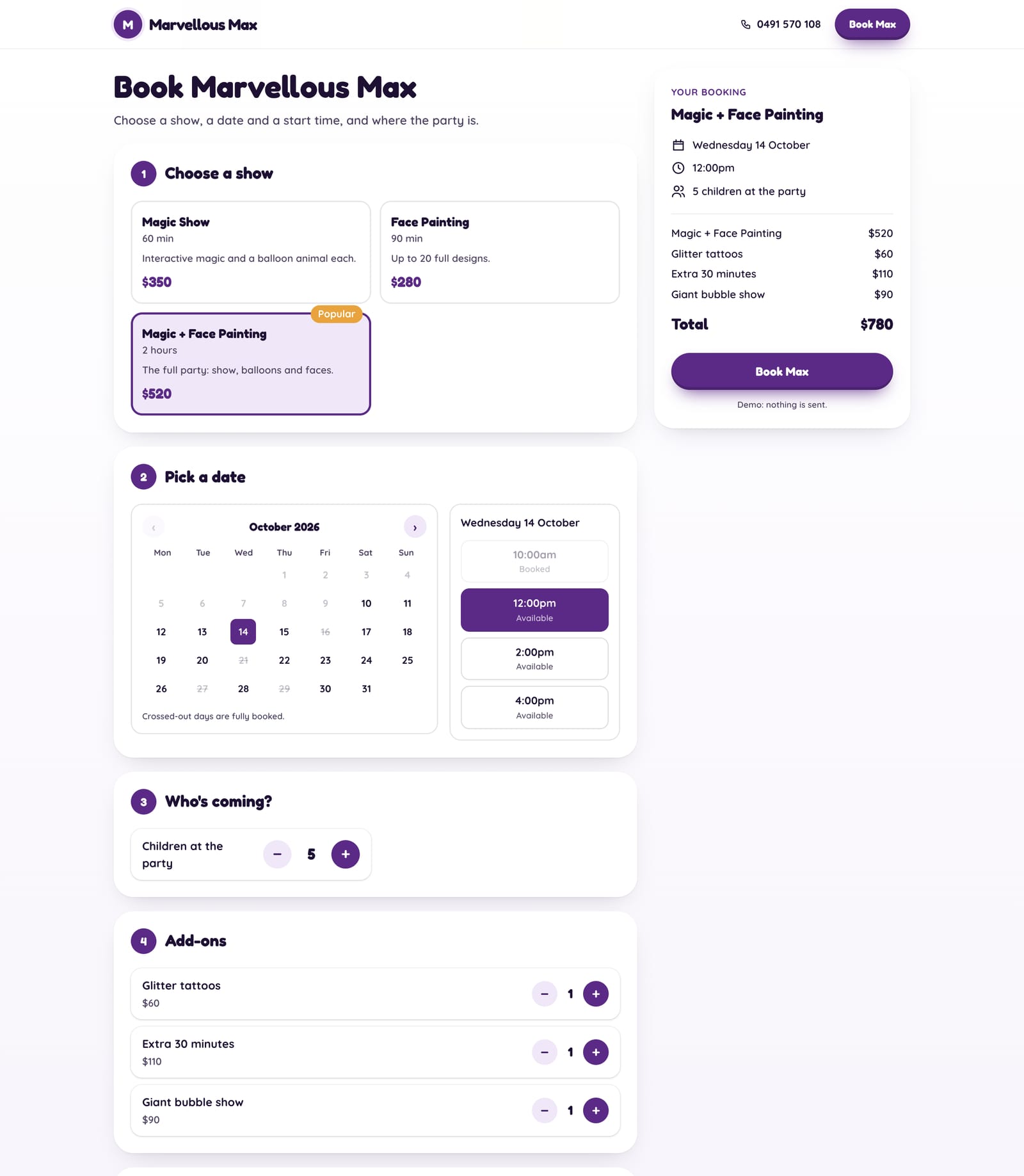 Marvellous Max Magic & Face Painting's booking form on a computer