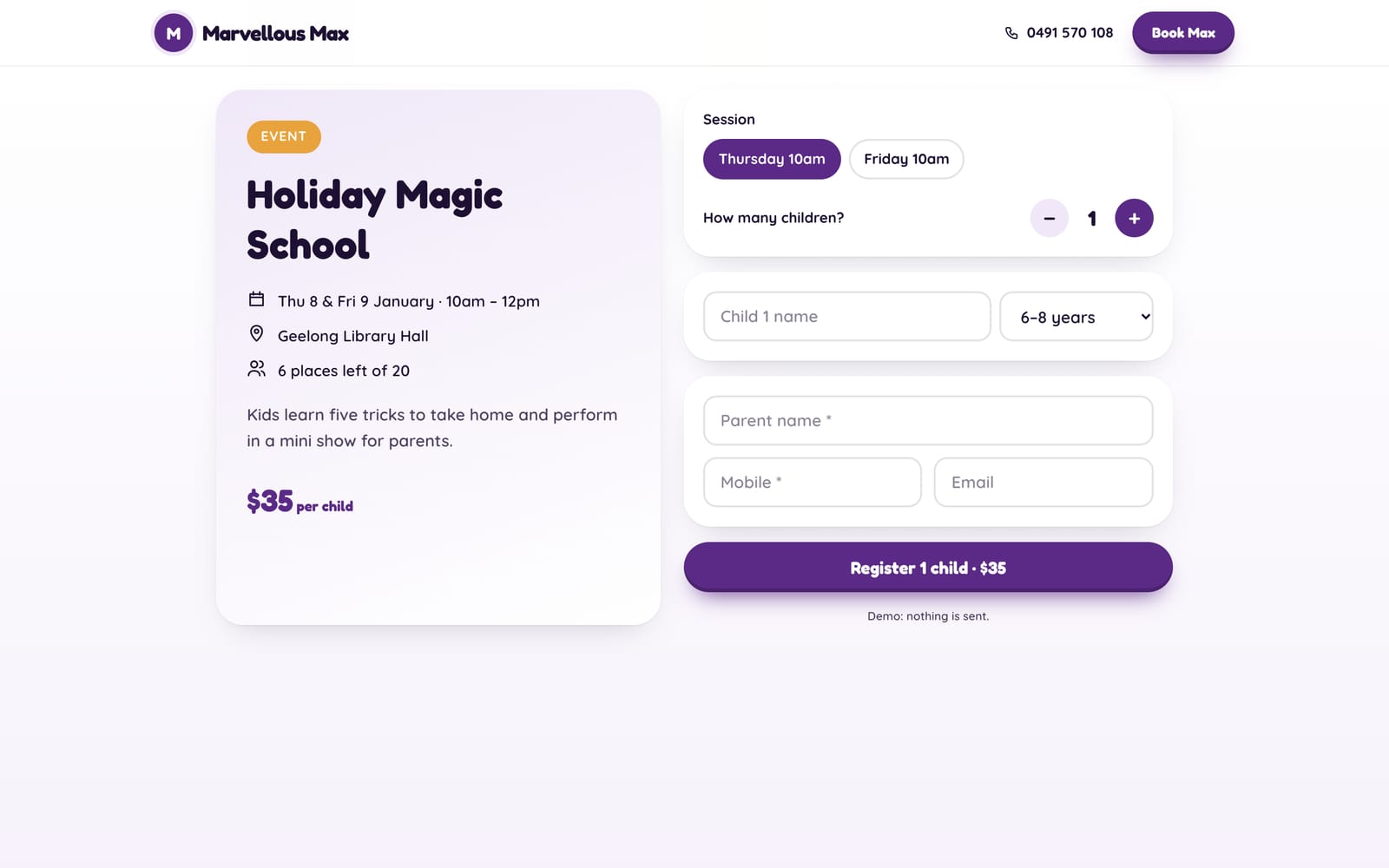 Holiday Magic School booking page on a computer