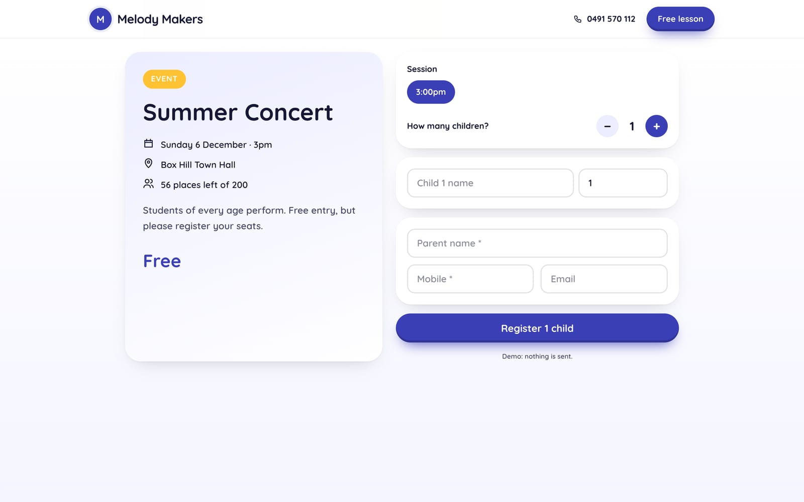 Summer Concert booking page on a computer