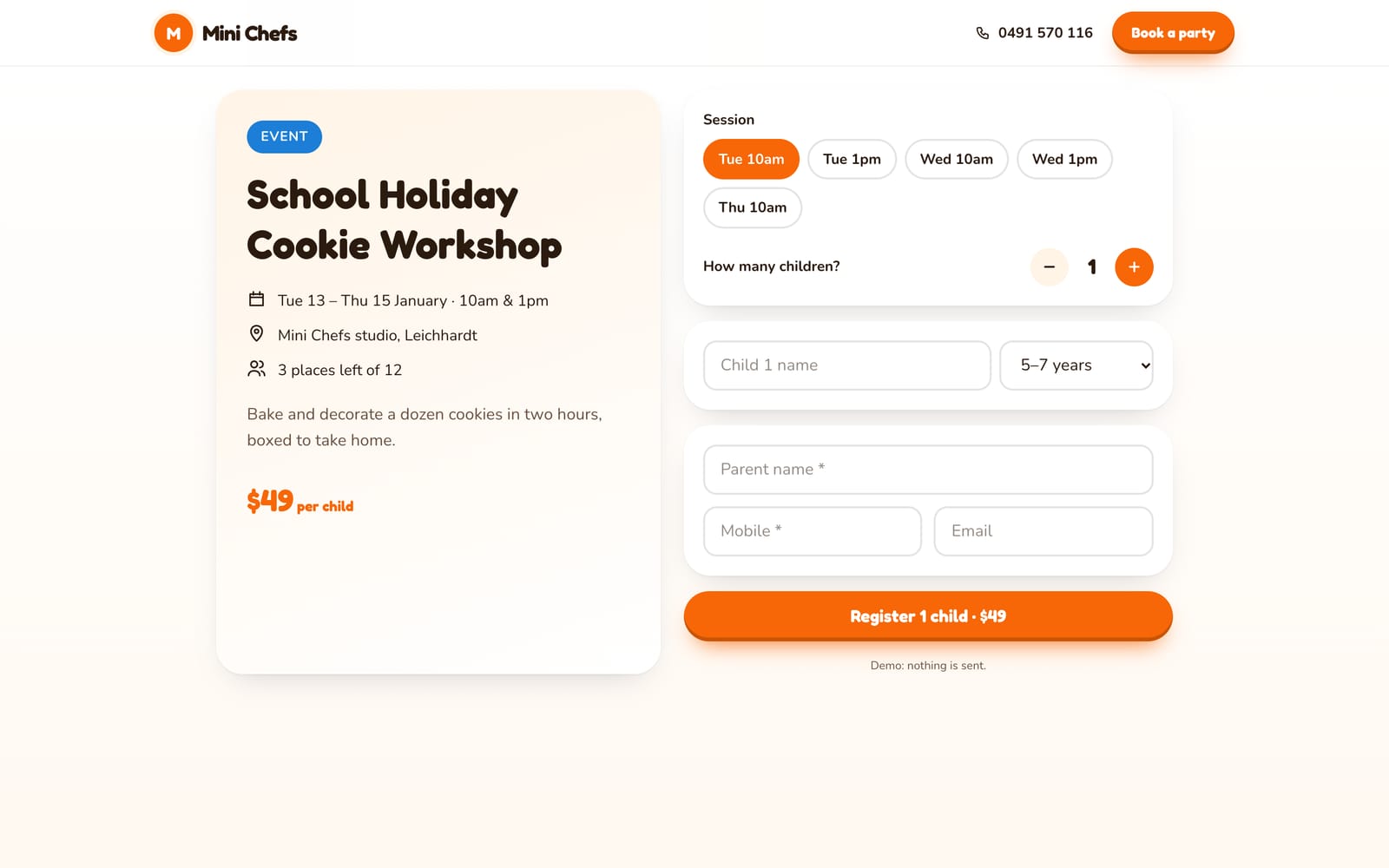 School Holiday Cookie Workshop booking page on a computer
