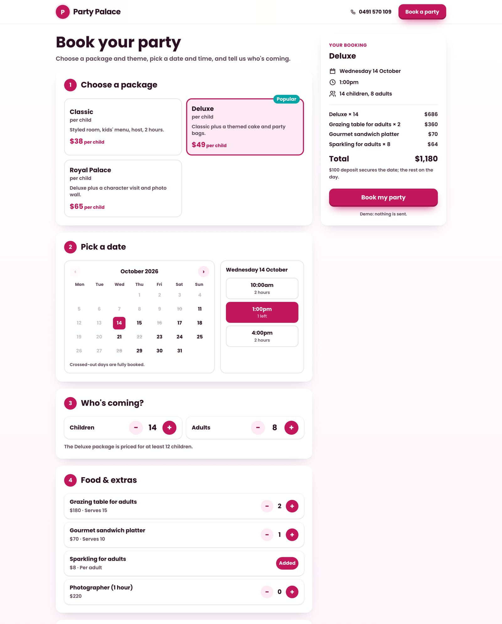 The Party Palace's booking form on a computer