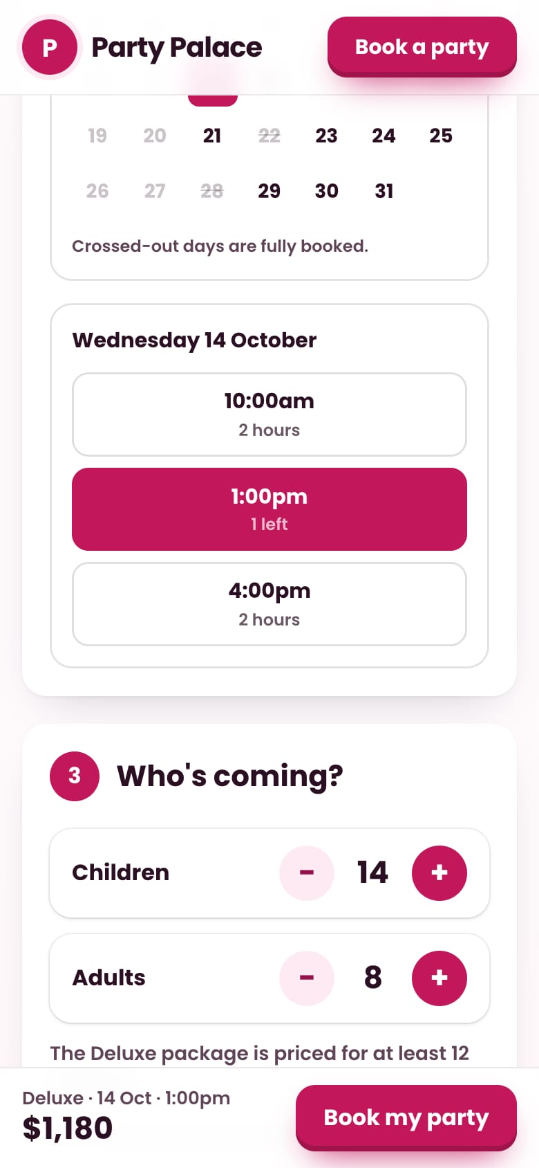 The Party Palace's booking form on a phone