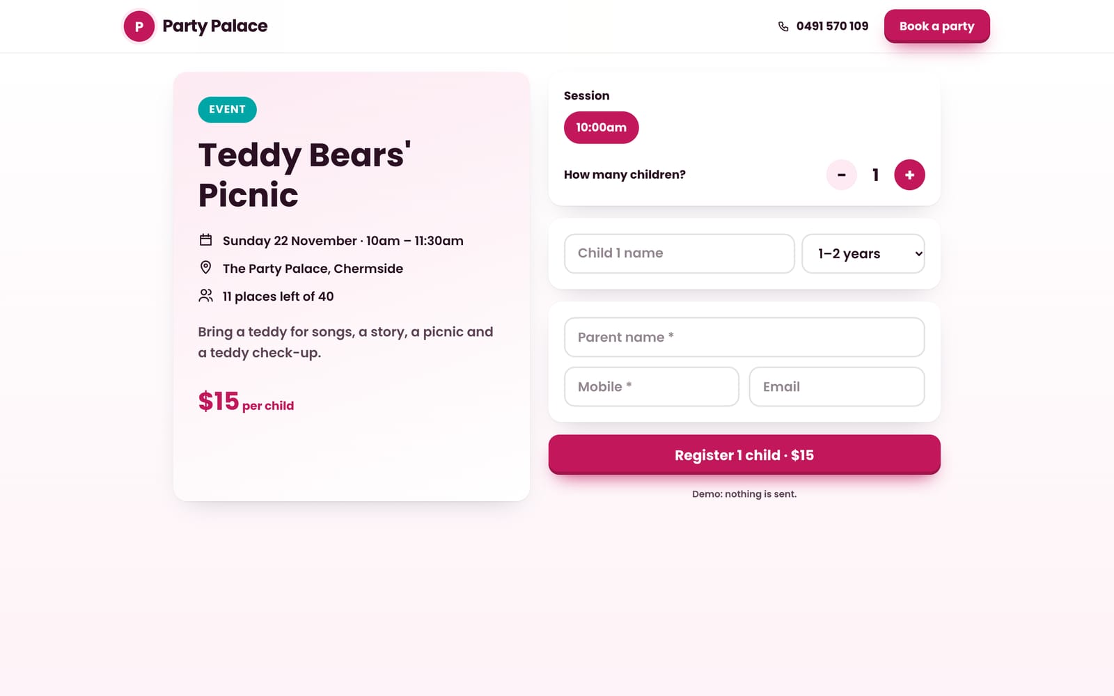 Teddy Bears' Picnic booking page on a computer