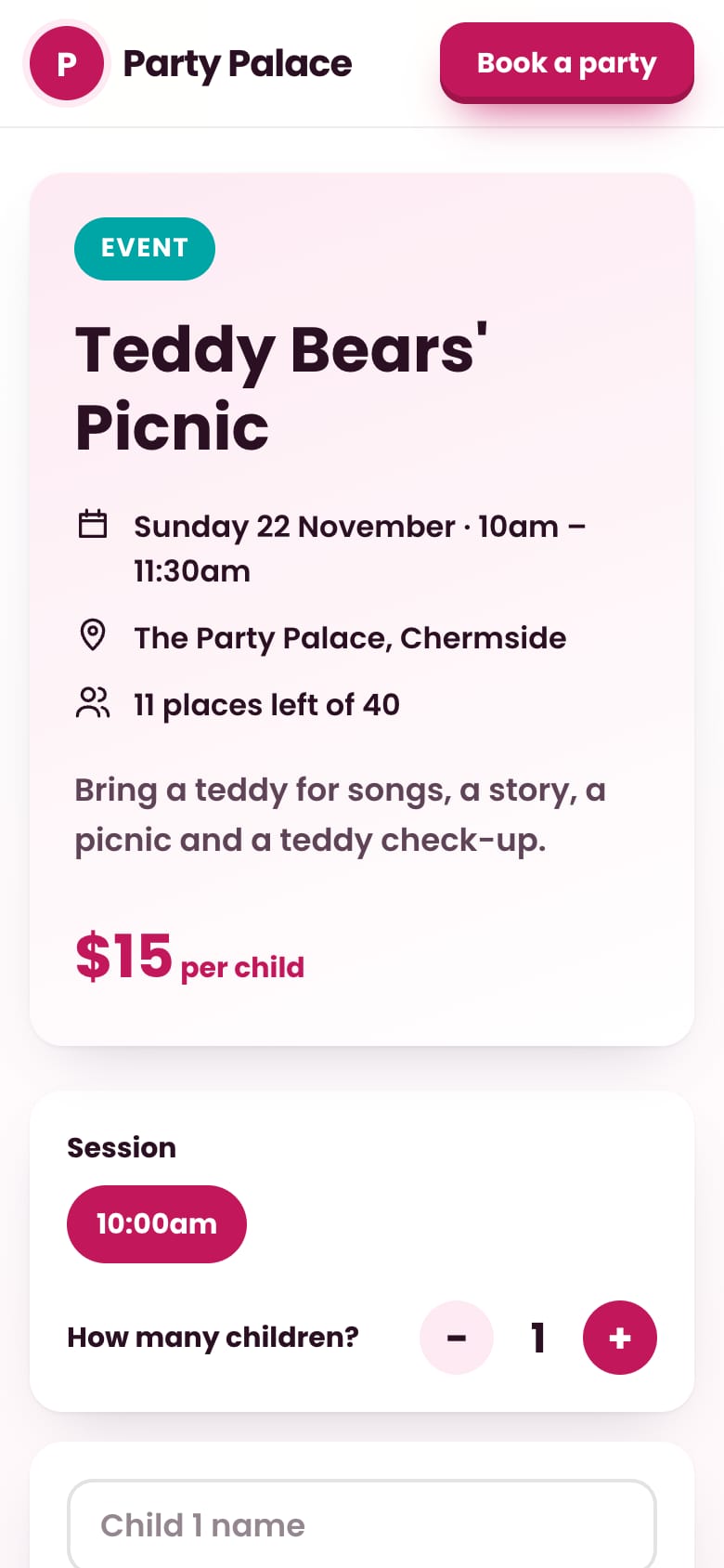 Teddy Bears' Picnic booking page on a phone