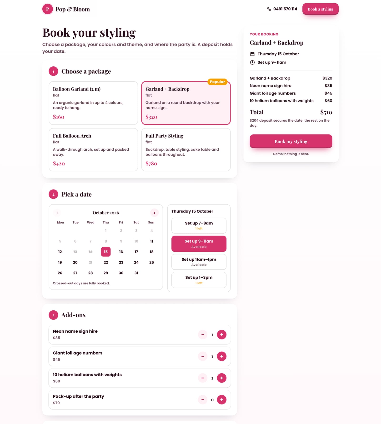 Pop & Bloom Balloons's booking form on a computer