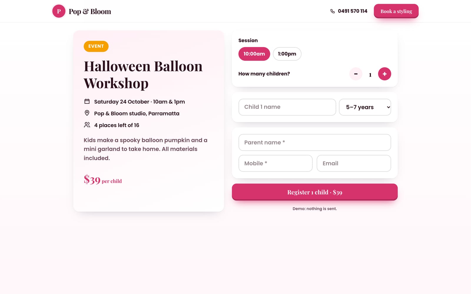 Halloween Balloon Workshop booking page on a computer