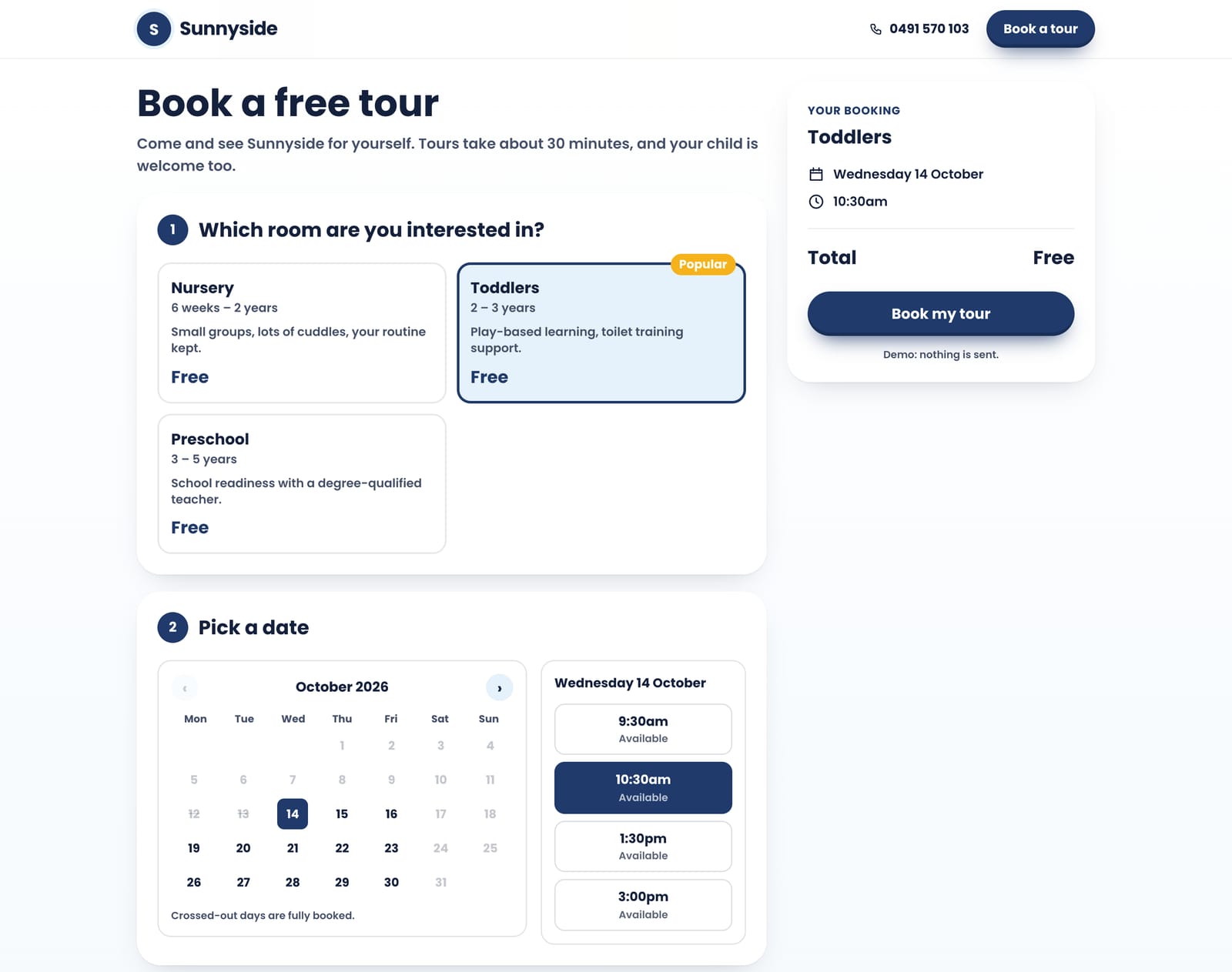 Sunnyside Childcare's booking form on a computer