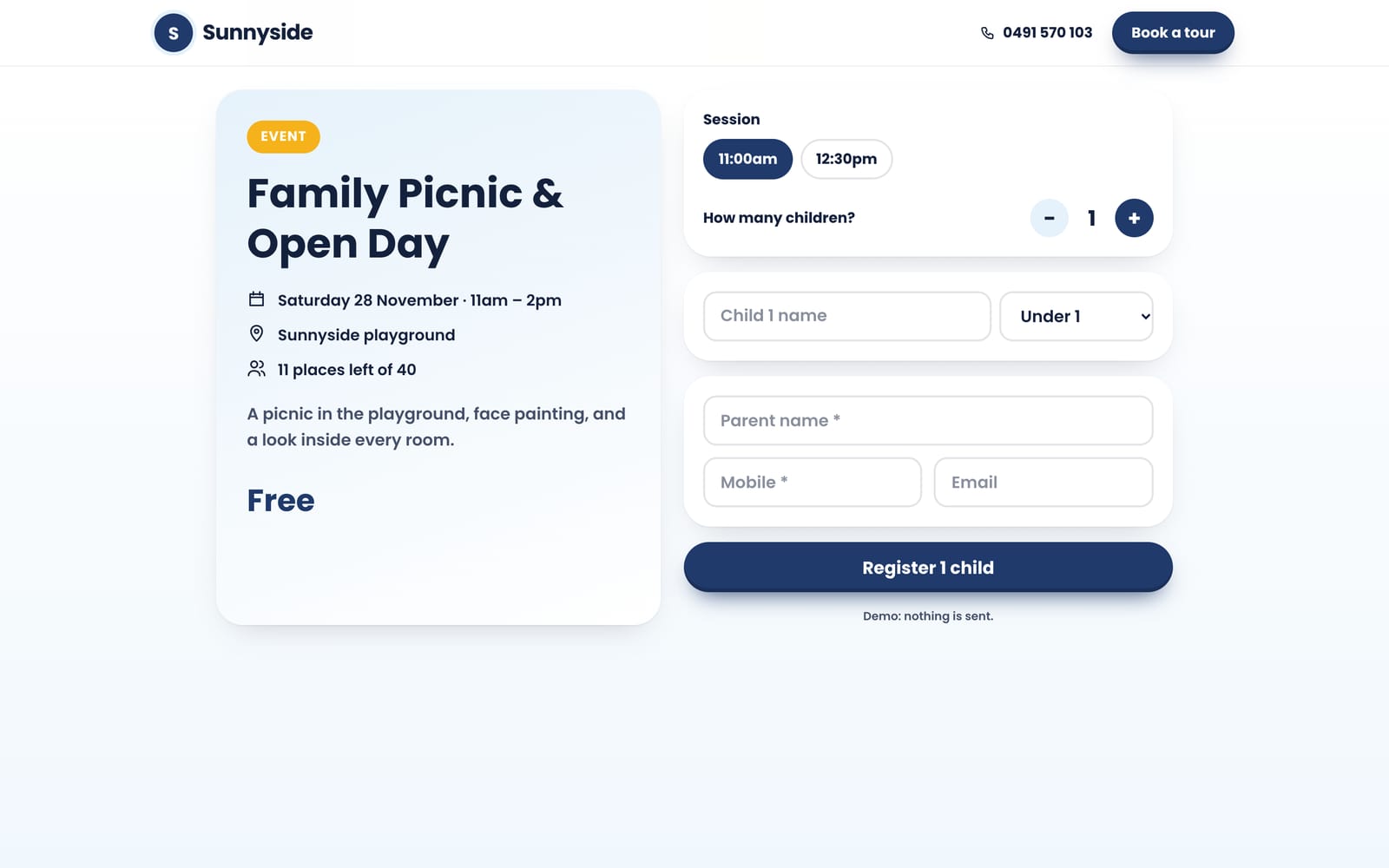 Family Picnic & Open Day booking page on a computer