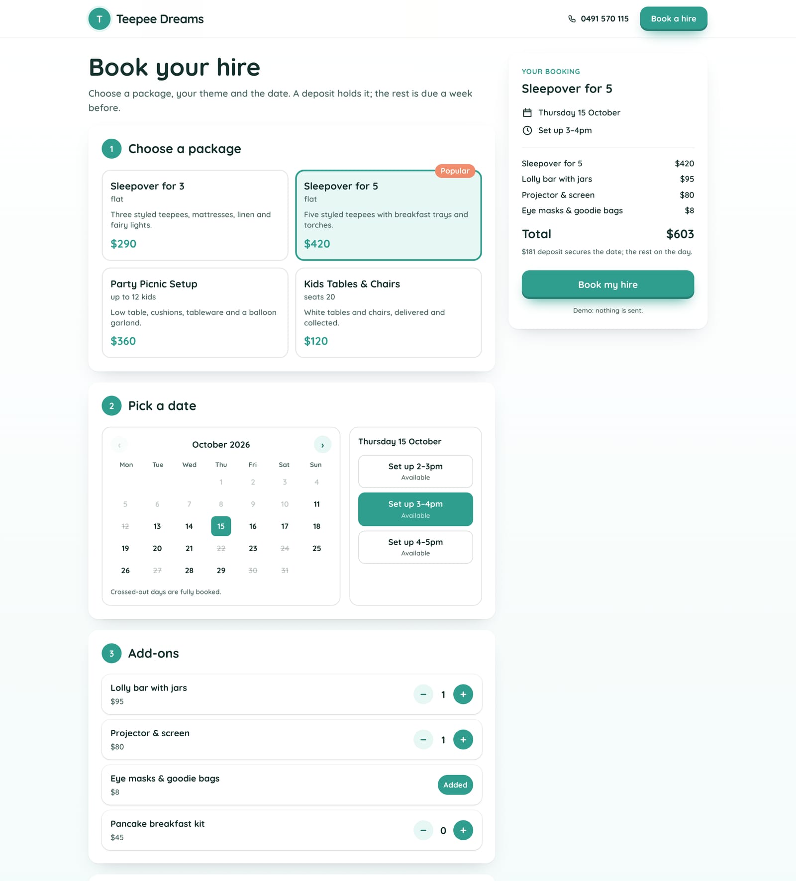 Teepee Dreams Party Hire's booking form on a computer
