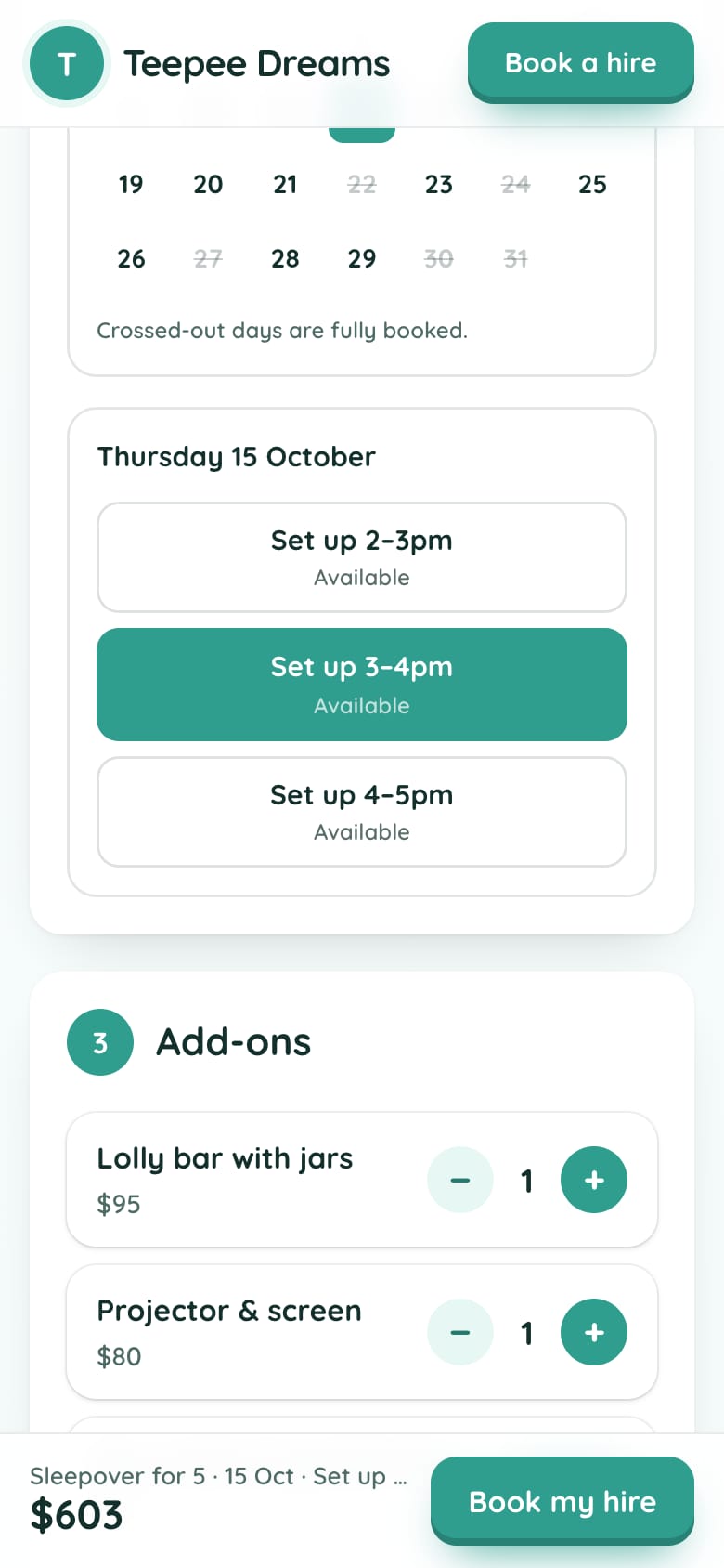 Teepee Dreams Party Hire's booking form on a phone