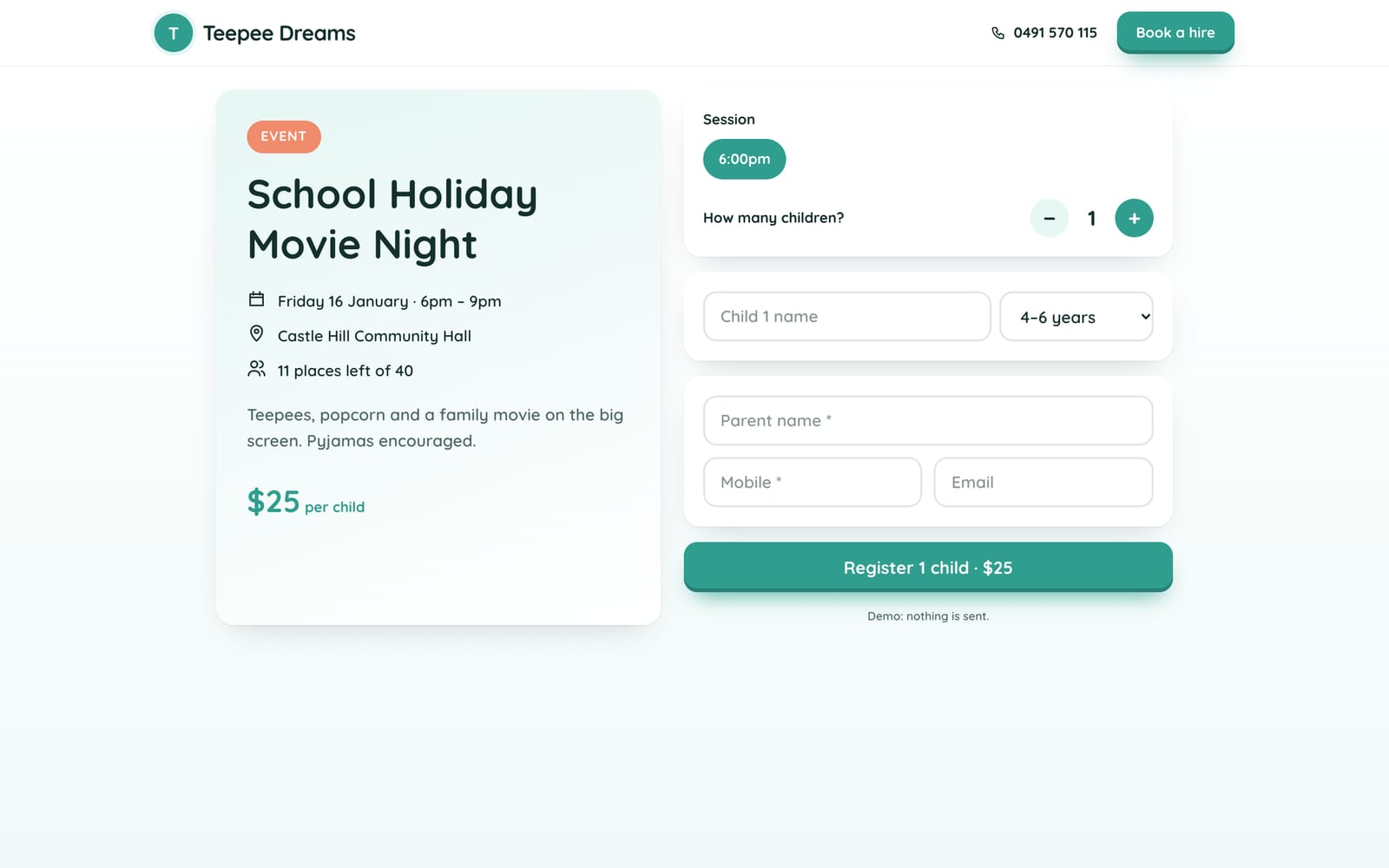 School Holiday Movie Night booking page on a computer