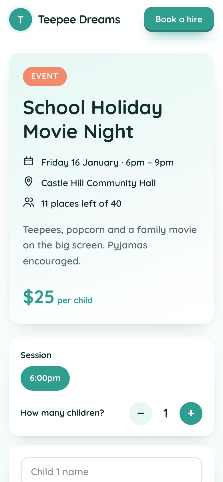 School Holiday Movie Night booking page on a phone