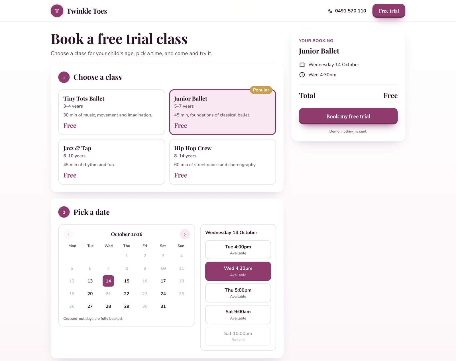 Twinkle Toes Dance Studio's booking form on a computer